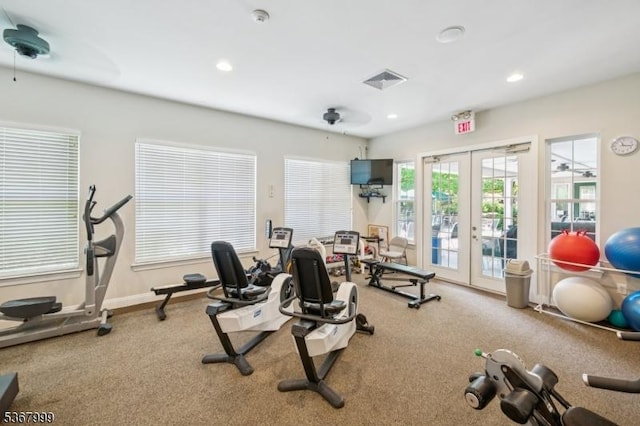 1407 Four Seasons Dr Unit 1407, Wayne Twp, NJ 07470 - gym with french doors, carpet, recessed lighting, and a ceiling fan