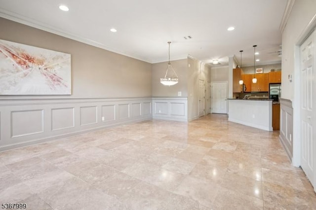 1407 Four Seasons Dr Unit 1407, Wayne Twp, NJ 07470 - unfurnished dining area with crown molding, recessed lighting, a decorative wall, and wainscoting