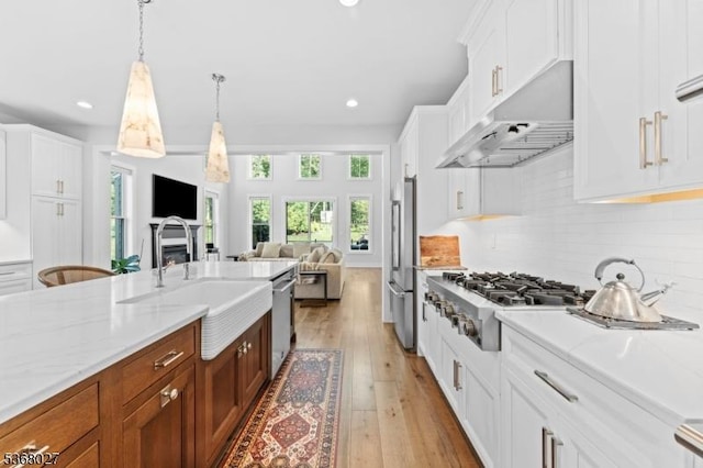 28 Peacock Ln Unit 28, Berkeley Heights Twp, NJ 07922 - kitchen featuring appliances with stainless steel finishes, under cabinet range hood, white cabinets, light wood finished floors, and light stone counters