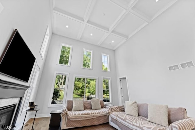 28 Peacock Ln Unit 28, Berkeley Heights Twp, NJ 07922 - living room featuring a towering ceiling, coffered ceiling, wood finished floors, a fireplace, and recessed lighting
