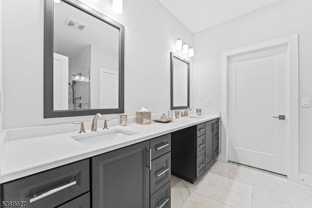28 Peacock Ln Unit 28, Berkeley Heights Twp, NJ 07922 - bathroom featuring double vanity, marble look tile flooring, and a shower