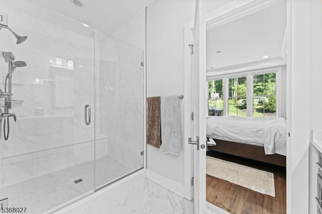 28 Peacock Ln Unit 28, Berkeley Heights Twp, NJ 07922 - bathroom with ensuite bathroom, a marble finish shower, marble finish flooring, and recessed lighting