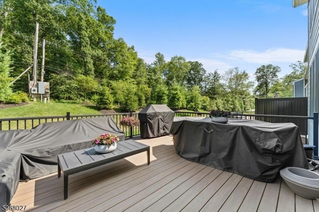 28 Peacock Ln Unit 28, Berkeley Heights Twp, NJ 07922 - wooden terrace featuring a grill and view of scattered trees