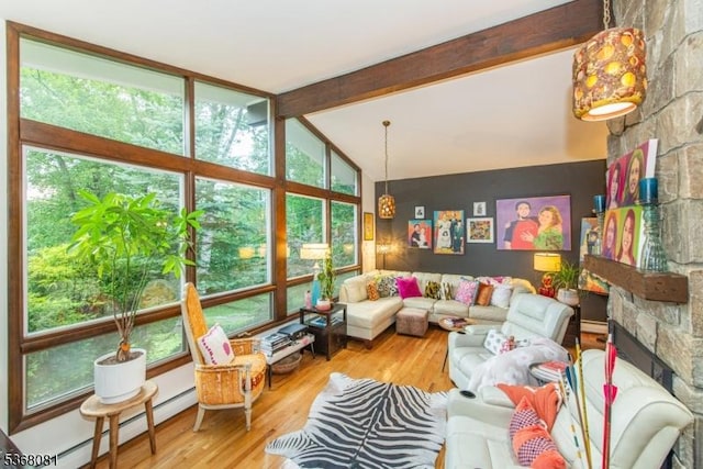 7 Deer Ct, Chester Twp, NJ 07930 - living room with wood finished floors, a fireplace, a baseboard radiator, and floor to ceiling windows