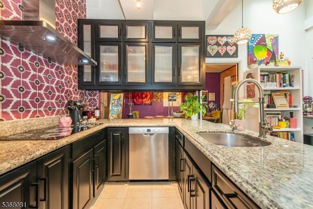 7 Deer Ct, Chester Twp, NJ 07930 - kitchen featuring stainless steel dishwasher, wall chimney exhaust hood, black electric stovetop, light tile patterned flooring, and light stone counters