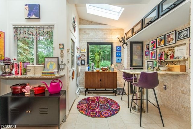 7 Deer Ct, Chester Twp, NJ 07930 - bar featuring vaulted ceiling, a skylight, brick wall, and tile patterned floors