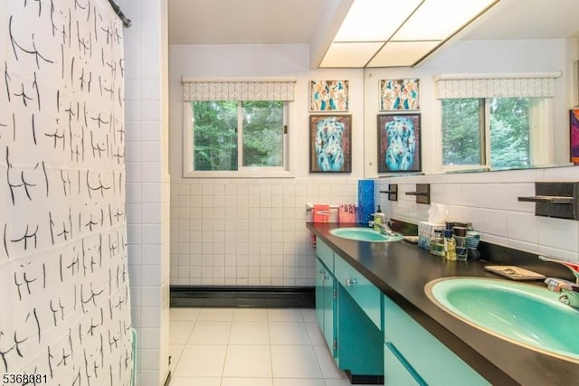 7 Deer Ct, Chester Twp, NJ 07930 - bathroom featuring double vanity, tile patterned floors, healthy amount of natural light, tile walls, and a shower with curtain