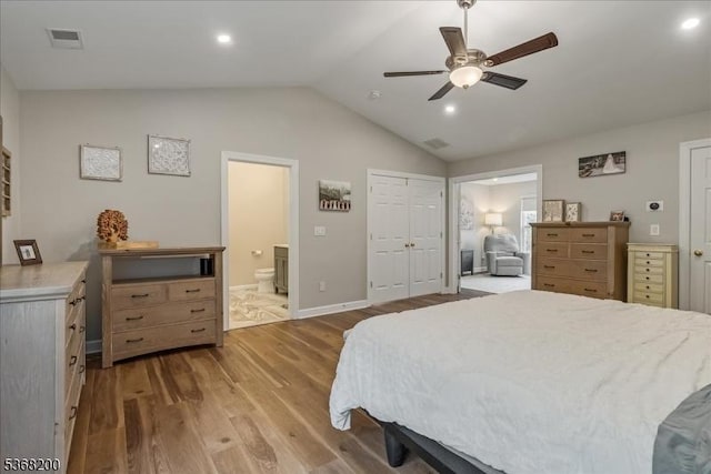 40 Primrose Ln, Sparta Twp, NJ 07871 - bedroom with wood finished floors, lofted ceiling, ensuite bathroom, ceiling fan, and recessed lighting