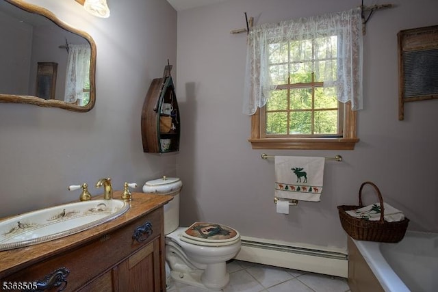 115 Bierskill Rd, Montague Twp, NJ 07827 - bathroom with baseboard heating, vanity, tile patterned flooring, and a tub to relax in