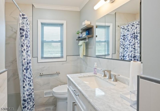 724 Bloomfield Ave, Clifton City, NJ 07012 - bathroom featuring tile walls, vanity, ornamental molding, and a shower with shower curtain
