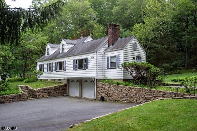 37 Furnace Rd, Chester Twp, NJ 07930 - view of front of property with a garage, asphalt driveway, a chimney, a front yard, and roof with shingles