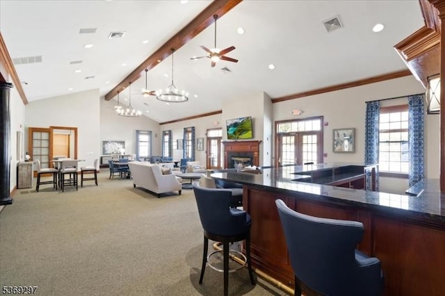 301 Rainbow Way Unit 301, Lopatcong Twp, NJ 08865 - kitchen with beam ceiling, light carpet, plenty of natural light, dark countertops, and recessed lighting