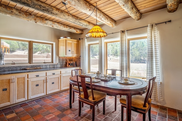 dining space with beam ceiling and wood ceiling