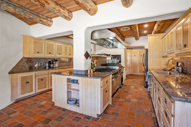 kitchen with wooden ceiling, stainless steel appliances, ventilation hood, light brown cabinetry, and sink