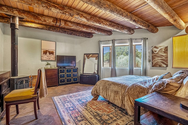 bedroom featuring beam ceiling, a wood stove, and wooden ceiling