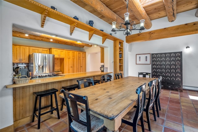 tiled dining space featuring wooden ceiling, a chandelier, a baseboard radiator, and beamed ceiling