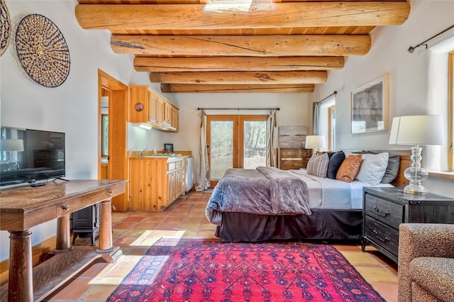 tiled bedroom with access to outside, french doors, beam ceiling, and wood ceiling