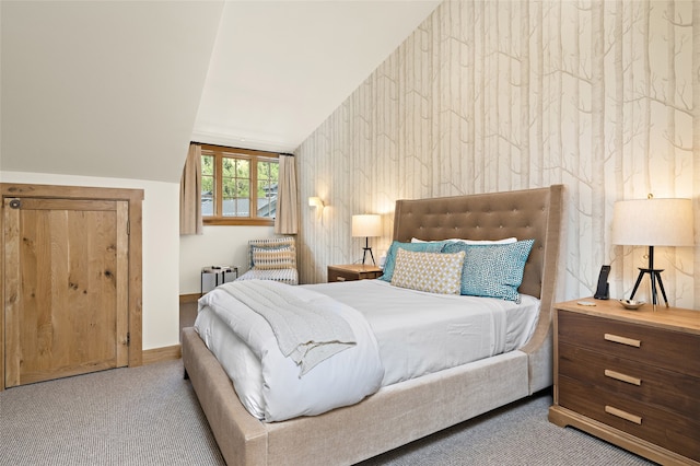 carpeted bedroom featuring wood walls, lofted ceiling, and radiator heating unit