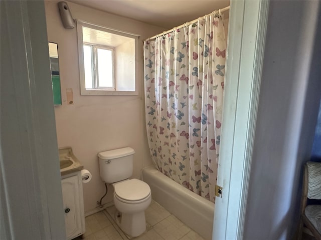 full bathroom featuring vanity, shower / bathtub combination with curtain, toilet, and tile patterned flooring