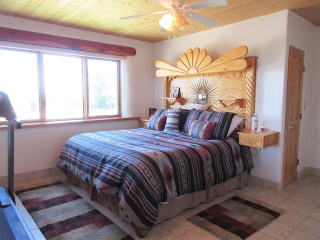 bedroom with light tile floors, wooden ceiling, and ceiling fan