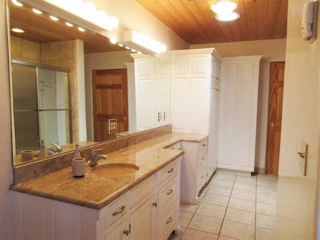 bathroom featuring vanity, tile floors, and wood ceiling