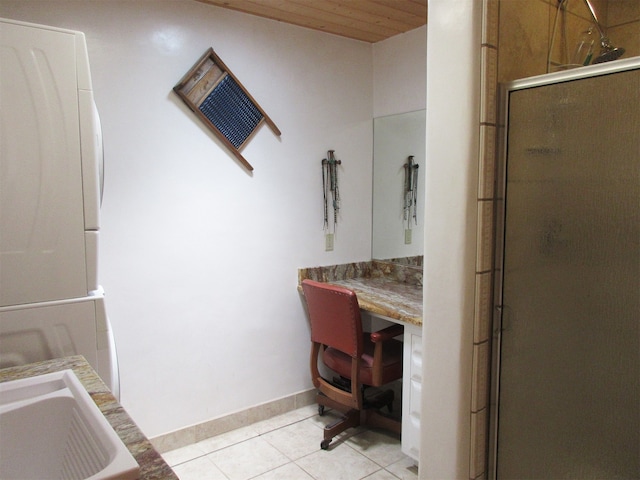 bathroom with tile flooring, a shower with door, vanity, and wooden ceiling