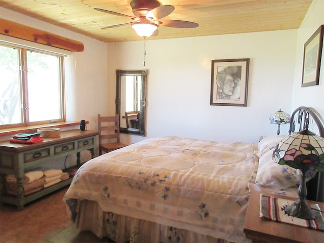 tiled bedroom with ceiling fan and wood ceiling