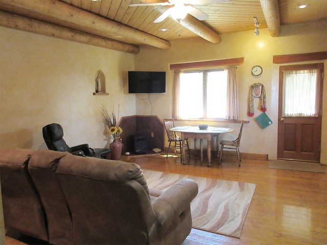 living room featuring wooden ceiling, ceiling fan, beam ceiling, and light hardwood / wood-style floors