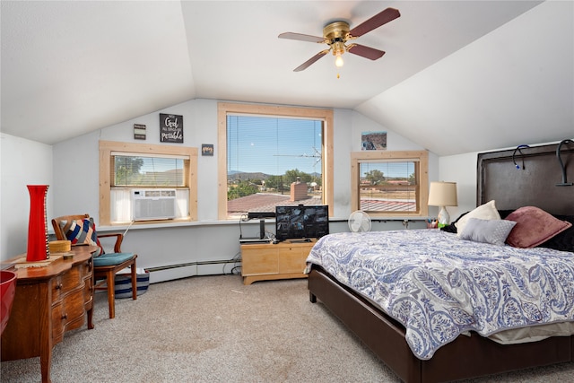 carpeted bedroom with a baseboard radiator, ceiling fan, and lofted ceiling