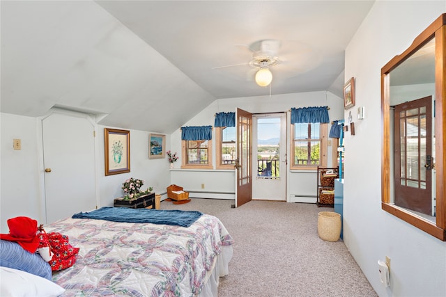 bedroom featuring carpet, lofted ceiling, ceiling fan, and a baseboard heating unit