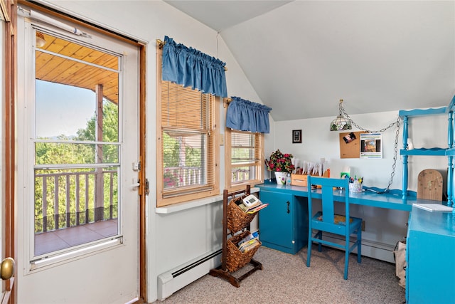 office featuring carpet flooring, a baseboard radiator, and vaulted ceiling