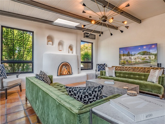 living room featuring an inviting chandelier, tile flooring, beam ceiling, and wood ceiling