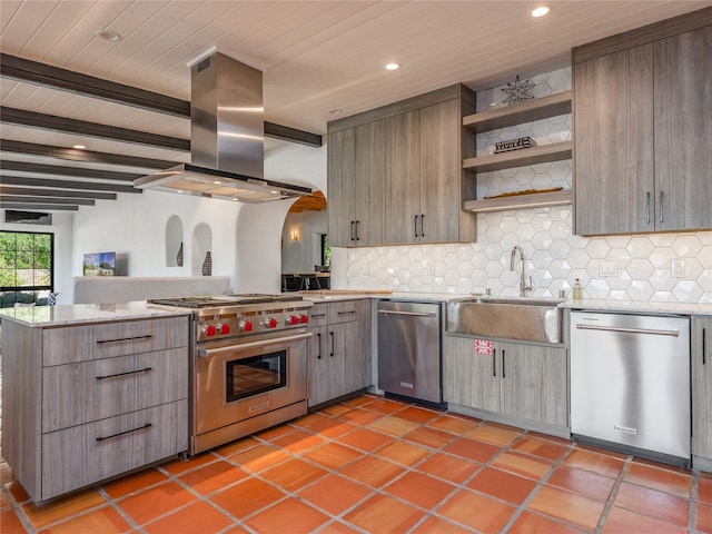 kitchen with light tile flooring, beamed ceiling, stainless steel appliances, tasteful backsplash, and island exhaust hood