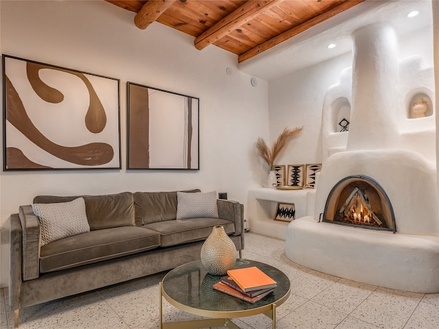 tiled living room with beam ceiling and wood ceiling