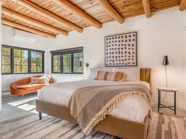 bedroom with wooden ceiling, beamed ceiling, light hardwood / wood-style floors, a wall mounted air conditioner, and a baseboard radiator