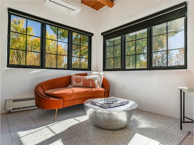 interior space featuring light tile floors, ceiling fan, a wall mounted air conditioner, and a baseboard heating unit