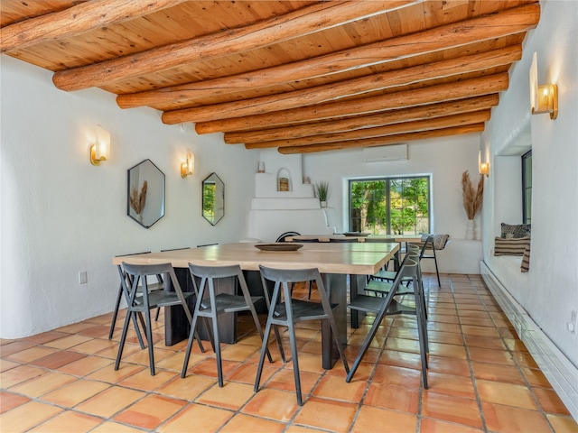 tiled dining room featuring beam ceiling and wood ceiling