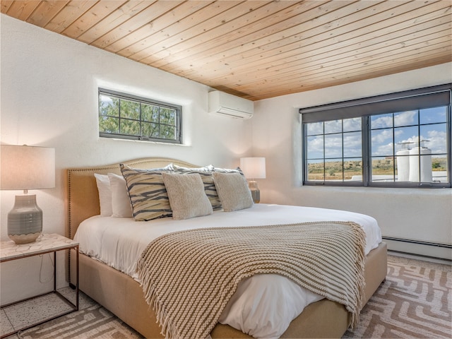 bedroom with a wall mounted air conditioner, baseboard heating, wood ceiling, and carpet