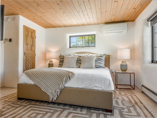 bedroom featuring wood ceiling, a baseboard radiator, and a wall mounted AC