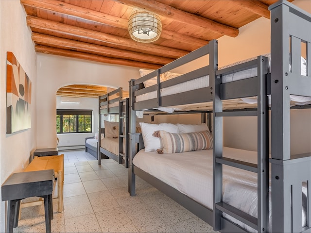 bedroom featuring light tile flooring, wooden ceiling, a baseboard radiator, and beamed ceiling