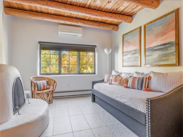 interior space featuring light tile floors, beam ceiling, wood ceiling, a baseboard radiator, and a wall mounted air conditioner