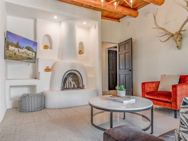 tiled living room with beamed ceiling and wood ceiling