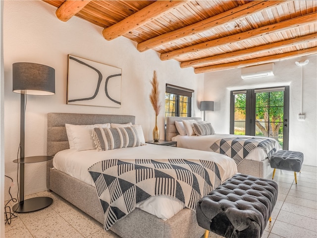 bedroom with light tile floors, wooden ceiling, and beamed ceiling