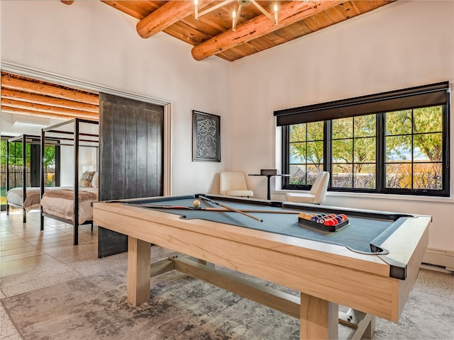 playroom featuring light tile floors, wooden ceiling, and pool table