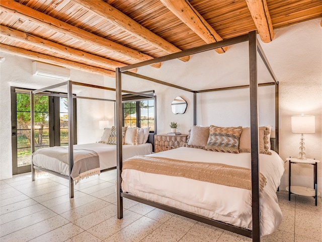 tiled bedroom featuring a wall unit AC, wood ceiling, and beamed ceiling