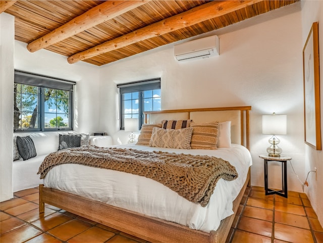 tiled bedroom with beamed ceiling, wood ceiling, and a wall mounted AC