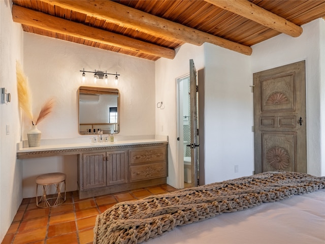 bathroom featuring toilet, wooden ceiling, vanity, a wall mounted air conditioner, and tile flooring