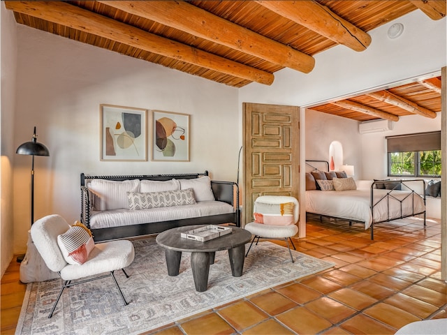 living room featuring a wall unit AC, tile floors, wood ceiling, and lofted ceiling with beams