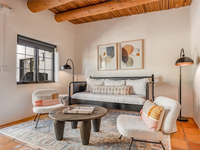 tiled living room featuring wooden ceiling and beamed ceiling