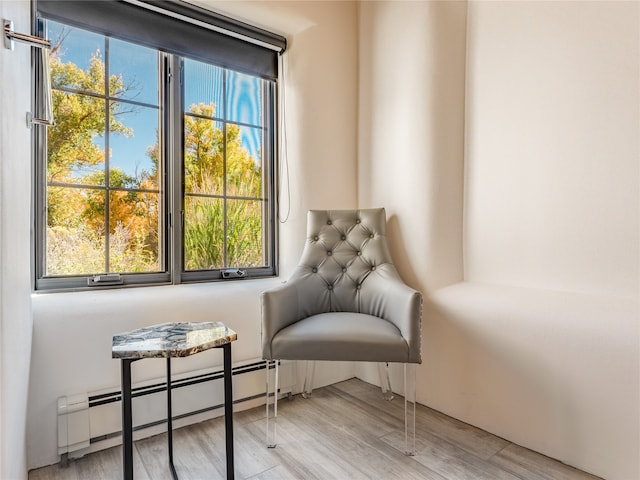 living area with a healthy amount of sunlight, light hardwood / wood-style flooring, and baseboard heating